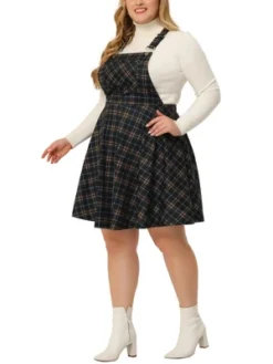 Agnes Orinda Women's Plus Size Elegant Chic Plaid Overalls Fashionable A Line Skirts