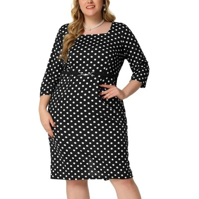 Agnes Orinda Women's Plus Size Formal Polka Dots 3/4 Sleeve Belt Bodycon Dress - Image 6