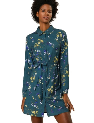 Allegra K Women's Lapel Button Down Belted Above Knee Vintage Polka Dots Floral Shirt Dress - Image 6