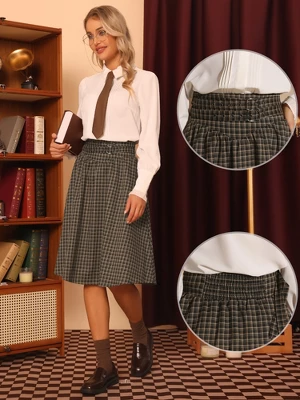 Allegra K Women's Plaid Vintage High Waist Double Belted A-Line Midi Skirt