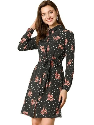 Allegra K Women's Lapel Button Down Belted Above Knee Vintage Polka Dots Floral Shirt Dress - Image 9