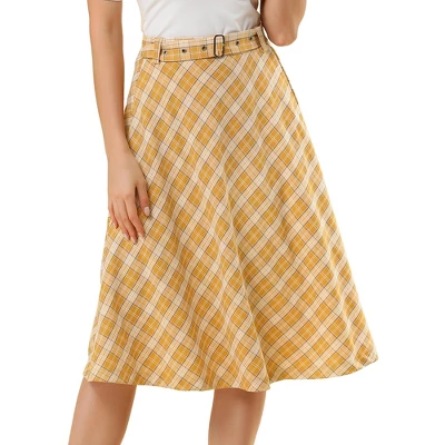 Allegra K Women's Tartan Plaid High Waist Belted Vintage A-Line Midi Skirt - Image 14