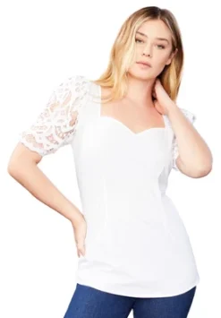June + Vie By Roaman's Women’s Plus Size Lace Puff-Sleeve Blouse