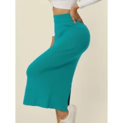 Seta T Women's Elastic High Waist Midi Basic Skirt Slit Hem Stretchy Ribbed Knit Bodycon Midi Skirts