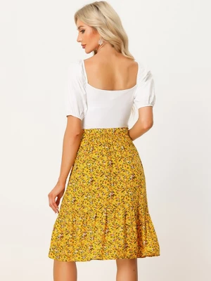 Allegra K Women's Floral Print Ruffle Hem High Elastic Waist Casual A-Line Midi Skirt - Image 3