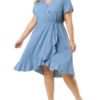 Agnes Orinda Women's Plus Size Faux Wrap Elastic Waist V Neck Chambray Ruffle Dress