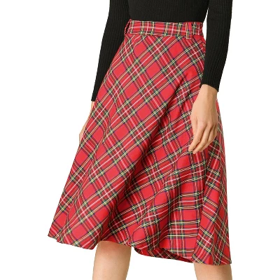 Allegra K Women's Tartan Plaid High Waist Belted Vintage A-Line Midi Skirt - Image 7