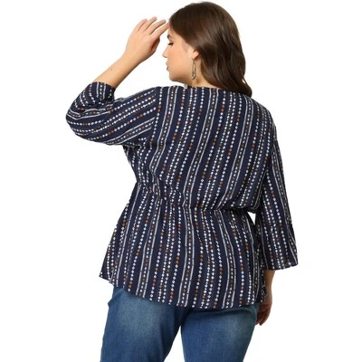 Agnes Orinda Women's Plus Size Peplum Fall V Neck Boho Striped Babydoll Blouses - Image 4