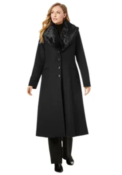 Jessica London Women’s Plus Size Long Wool-Blend Coat With Faux Fur Collar