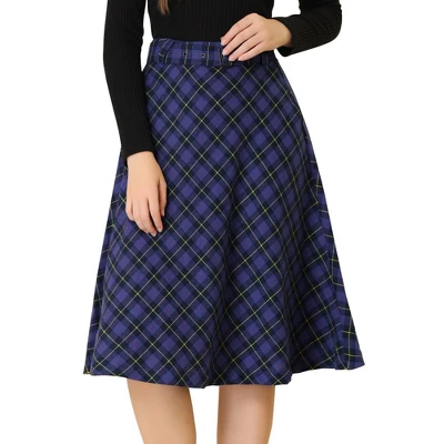 Allegra K Women's Tartan Plaid High Waist Belted Vintage A-Line Midi Skirt - Image 11