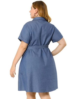 Agnes Orinda Women's Plus Size Buttons Belted Short Sleeves Chambray Shirtdress - Image 4