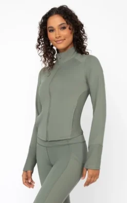 Yogalicious Womens Lux Streamline Interlink Ribbed Contour Insert Full Zip Performance Jacket With Pockets