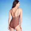 Women's Long Torso Spotted Print High Neck Ruched High Coverage One Piece Swimsuit - Kona Sol™ Brown