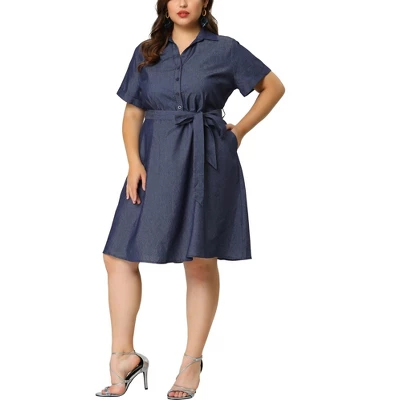 Agnes Orinda Women's Plus Size Buttons Belted Short Sleeves Chambray Shirtdress - Image 8