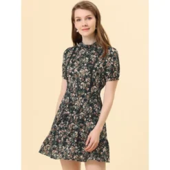 Allegra K Women's Floral Dress Short Sleeve Self Tie Summer Mini Dresses