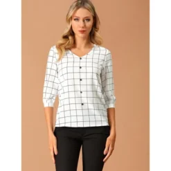Allegra K Women's Check Tops V Neck 3/4 Sleeves Work Plaid Blouses