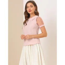 Allegra K Women's Vintage Peter Pan Collar Puff Polka Dots Mesh Short Sleeve Blouse