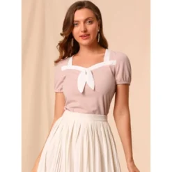 Allegra K Women's Retro Sweetheart Neck Bow Tie Contrast Trim Short Sleeve Blouse
