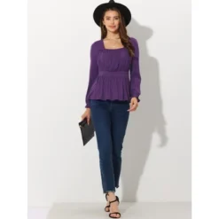 Allegra K Women's Ruched Square Neck Ruffled Peplum Tops