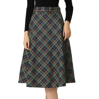 Allegra K Women's Tartan Plaid High Waist Belted Vintage A-Line Midi Skirt - Image 8