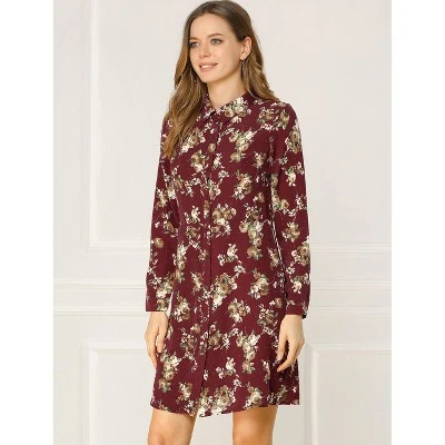 Allegra K Women's Lapel Button Down Belted Above Knee Vintage Polka Dots Floral Shirt Dress - Image 4