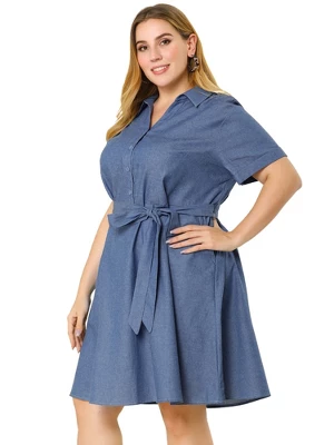 Agnes Orinda Women's Plus Size Buttons Belted Short Sleeves Chambray Shirtdress - Image 3