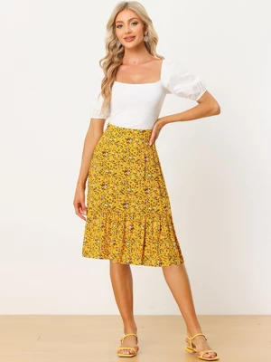 Allegra K Women's Floral Print Ruffle Hem High Elastic Waist Casual A-Line Midi Skirt - Image 2
