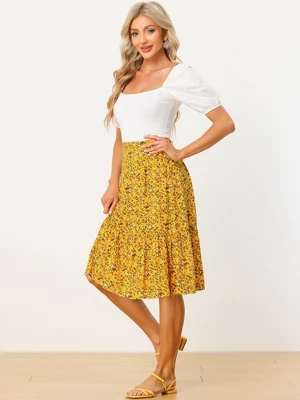 Allegra K Women's Floral Print Ruffle Hem High Elastic Waist Casual A-Line Midi Skirt