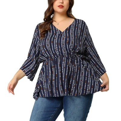 Agnes Orinda Women's Plus Size Peplum Fall V Neck Boho Striped Babydoll Blouses - Image 6
