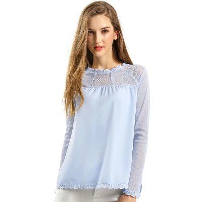 Allegra K Women's Elegant Lace Sleeve Top Scalloped Trim Summer Casual Chiffon Blouse - Image 2