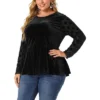 Agnes Orinda Plus Size Peplum Top For Women Polka Dots Sheer Puff Sleeve Velvet Top