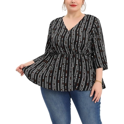 Agnes Orinda Women's Plus Size Peplum Fall V Neck Boho Striped Babydoll Blouses - Image 8