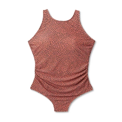 Women's Spotted Print High Neck Ruched One Piece Swimsuit - Kona Sol™ Brown - Image 4