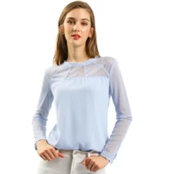 Allegra K Women's Elegant Lace Sleeve Top Scalloped Trim Summer Casual Chiffon Blouse