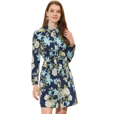 Allegra K Women's Lapel Button Down Belted Above Knee Vintage Polka Dots Floral Shirt Dress - Image 11