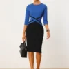 Allegra K Women's Contrast Color 3/4 Sleeve Bodycon Work Office Pencil Dress