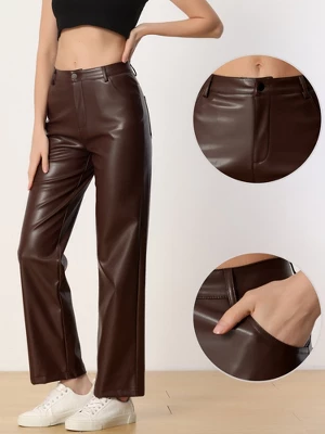Allegra K Faux Leather Pants For Women's High Waist Straight Leg Casual PU Punk Trousers