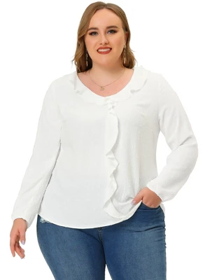 Agnes Orinda Plus Size Blouse For Women Elegant Long Sleeve Ruffle Trim V Neck Office Blouses Tops - Image 2