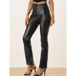 Allegra K Women's PU Leather Lace Up High Waist Cut Out Gothic Punk Drawstring Trousers Pants