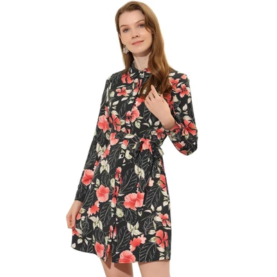 Allegra K Women's Lapel Button Down Belted Above Knee Vintage Polka Dots Floral Shirt Dress - Image 12