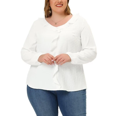 Agnes Orinda Plus Size Blouse For Women Elegant Long Sleeve Ruffle Trim V Neck Office Blouses Tops - Image 5