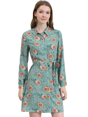 Allegra K Women's Lapel Button Down Belted Above Knee Vintage Polka Dots Floral Shirt Dress - Image 14
