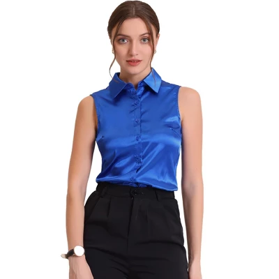 Allegra K Women's Satin Work Collar Sleeveless Button Down Shirts - Image 5